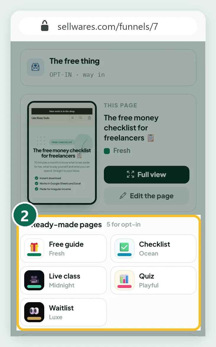 Close-up of the ready-made page designs for an opt-in page