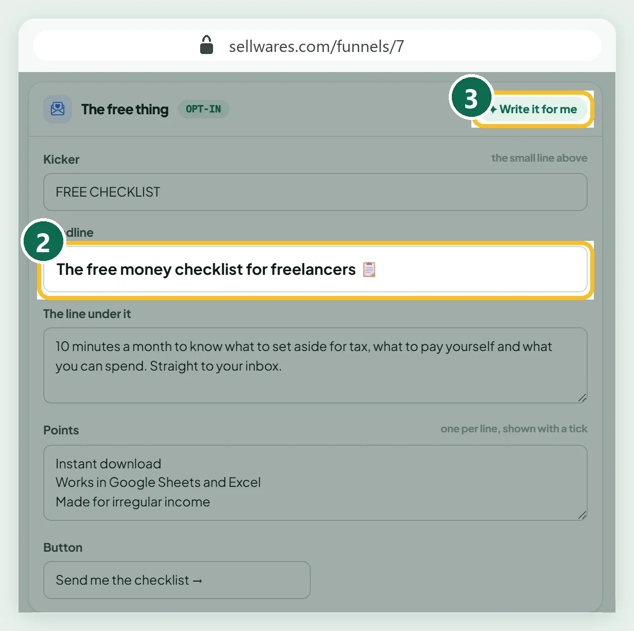 The opt-in page fields: kicker, headline, points and button