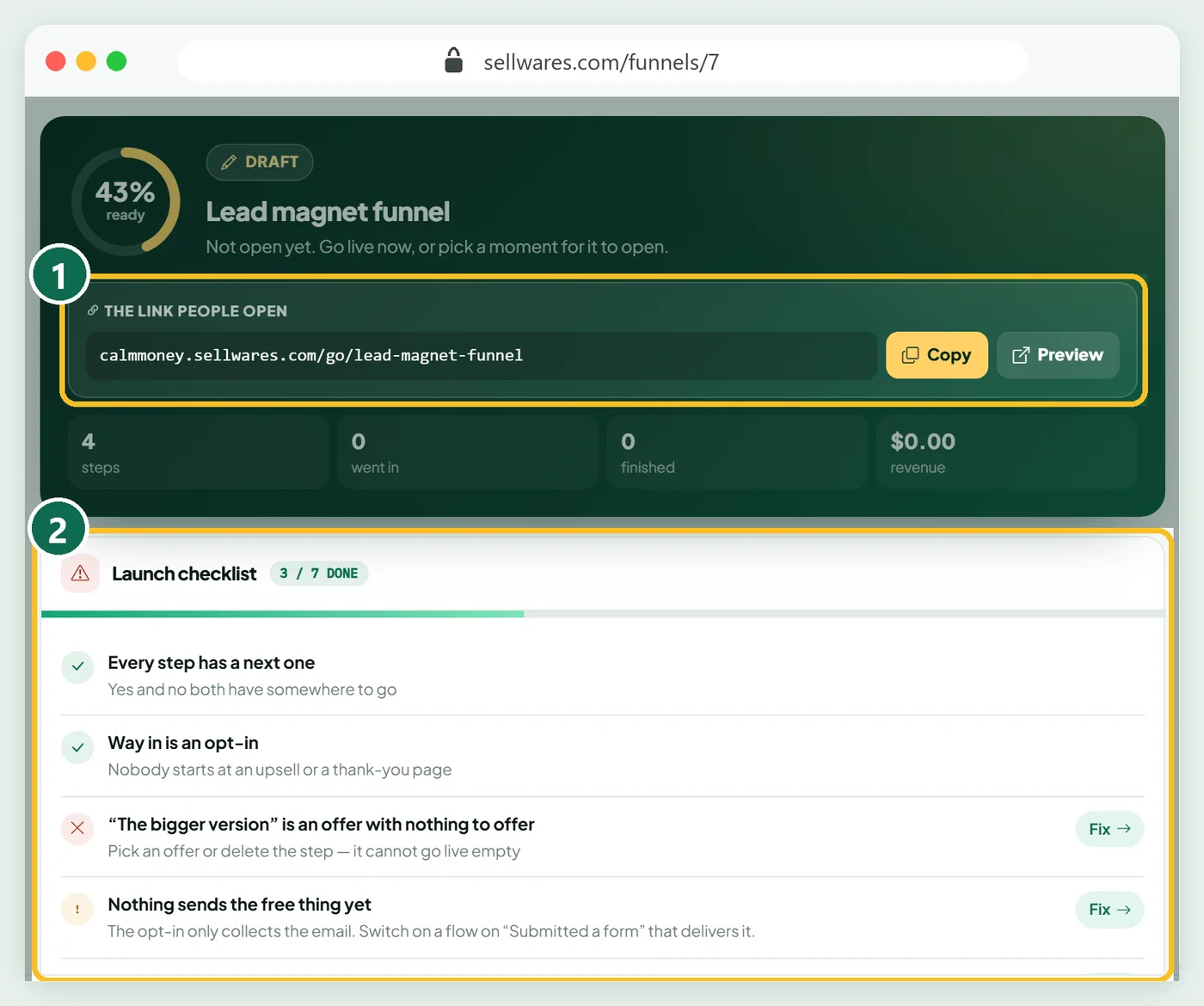 The Publish step with the funnel link and the launch checklist